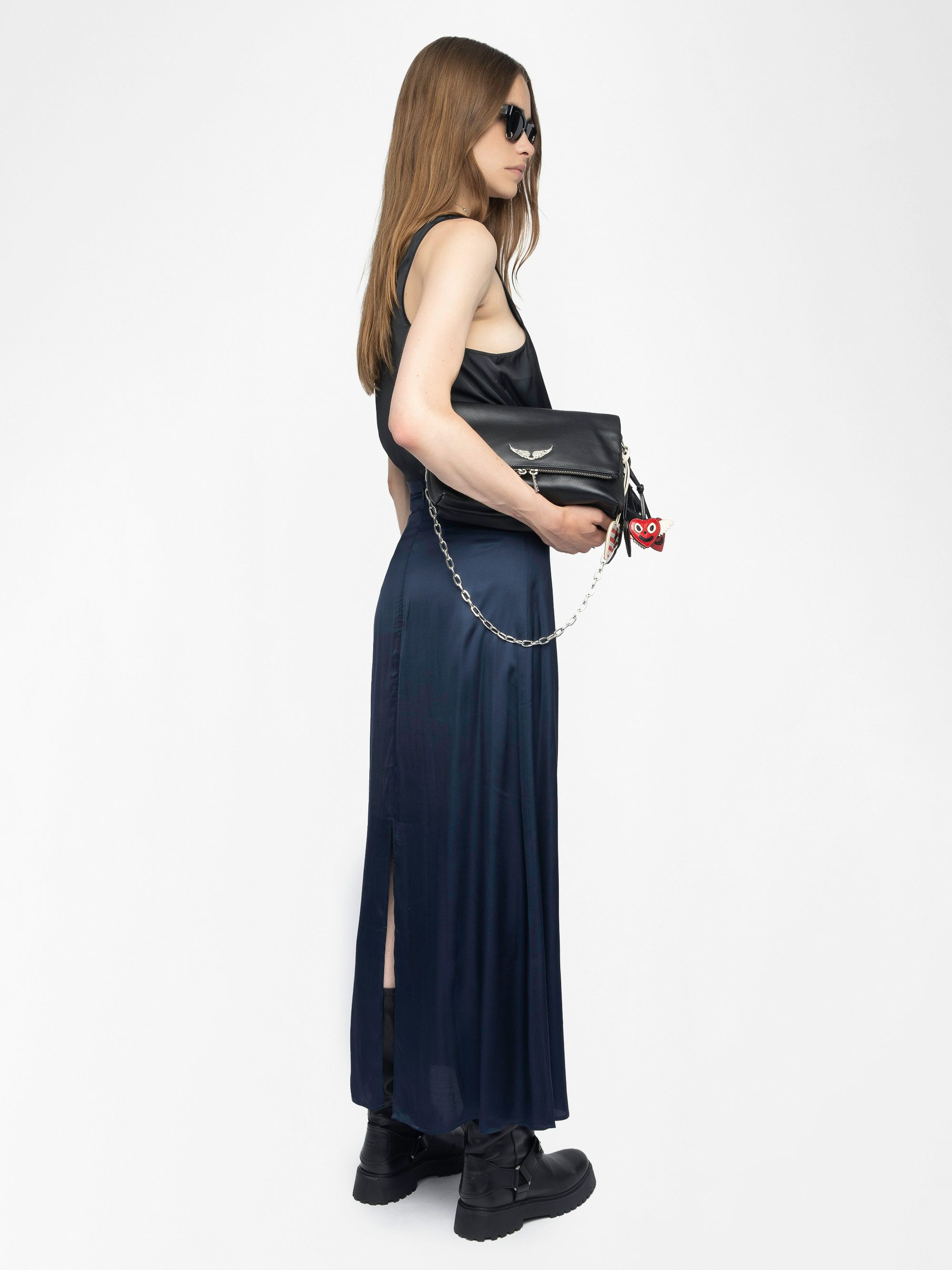 Jimeno Satin Skirt - Long viscose satin skirt with back slit, zip fastening and metal wings on the belt.